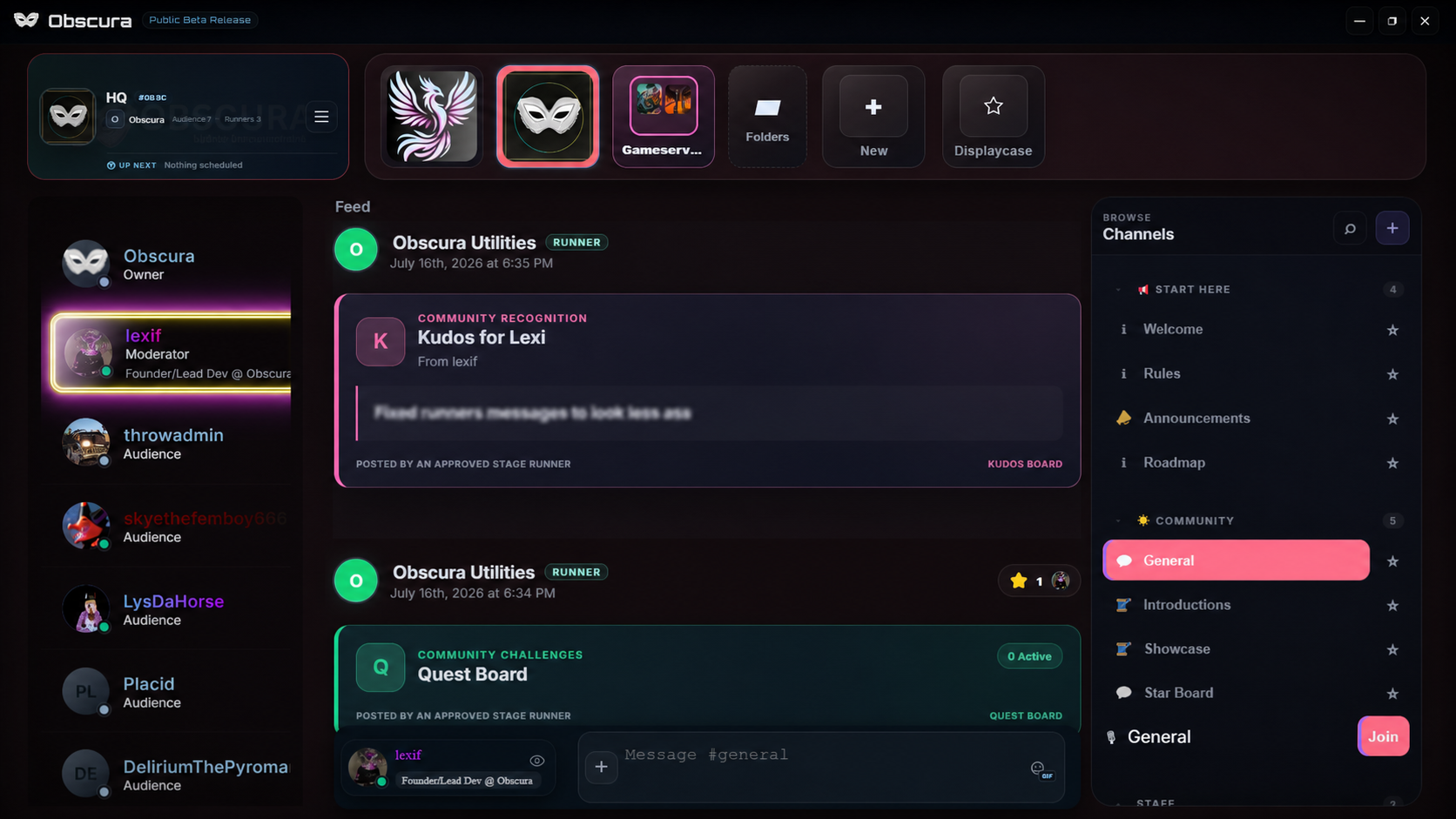 Obscura showing the Stage bar, audience, community feed, channels, and message composer